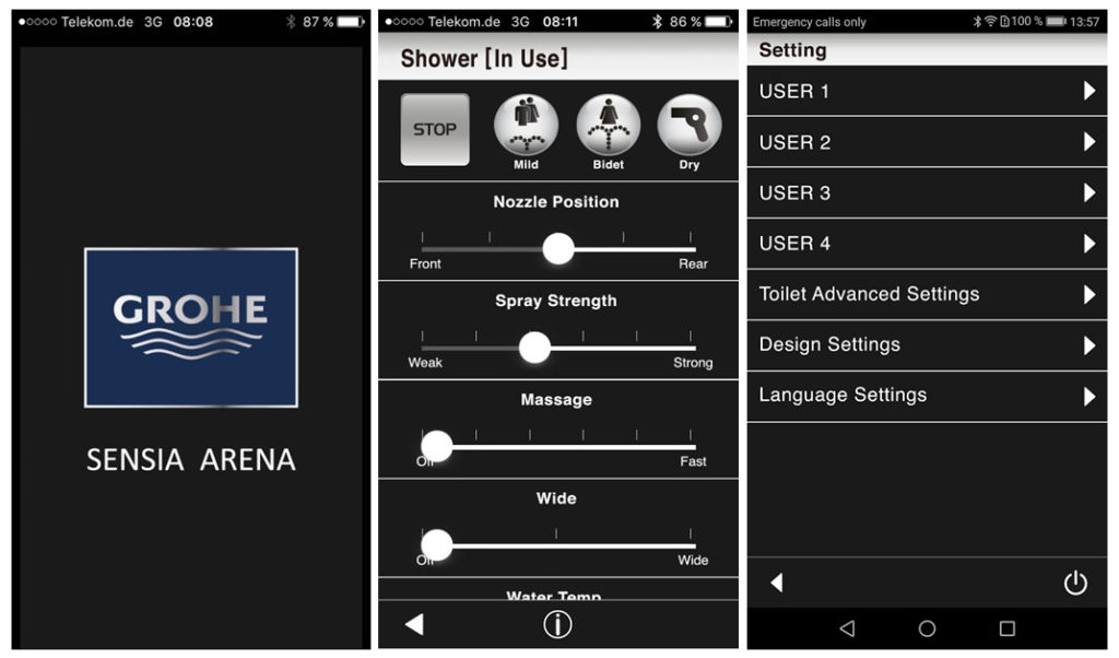 Takhle vypadá uživatelské rozhraní aplikace pro ovládání Grohe Sensia Arena